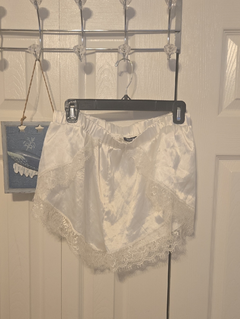 Boohoo White Satin Lace Trim Tap Shorts